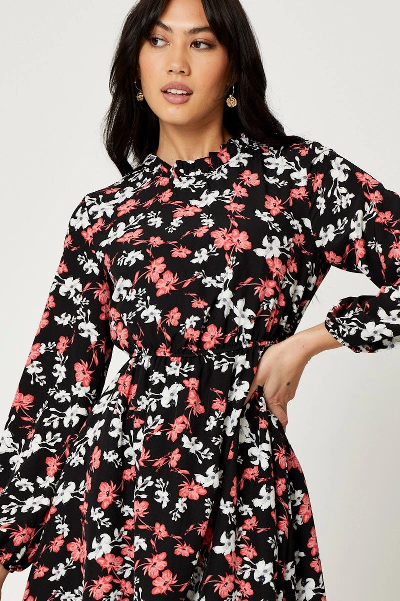 Print High Neck Floral Midi Dress
