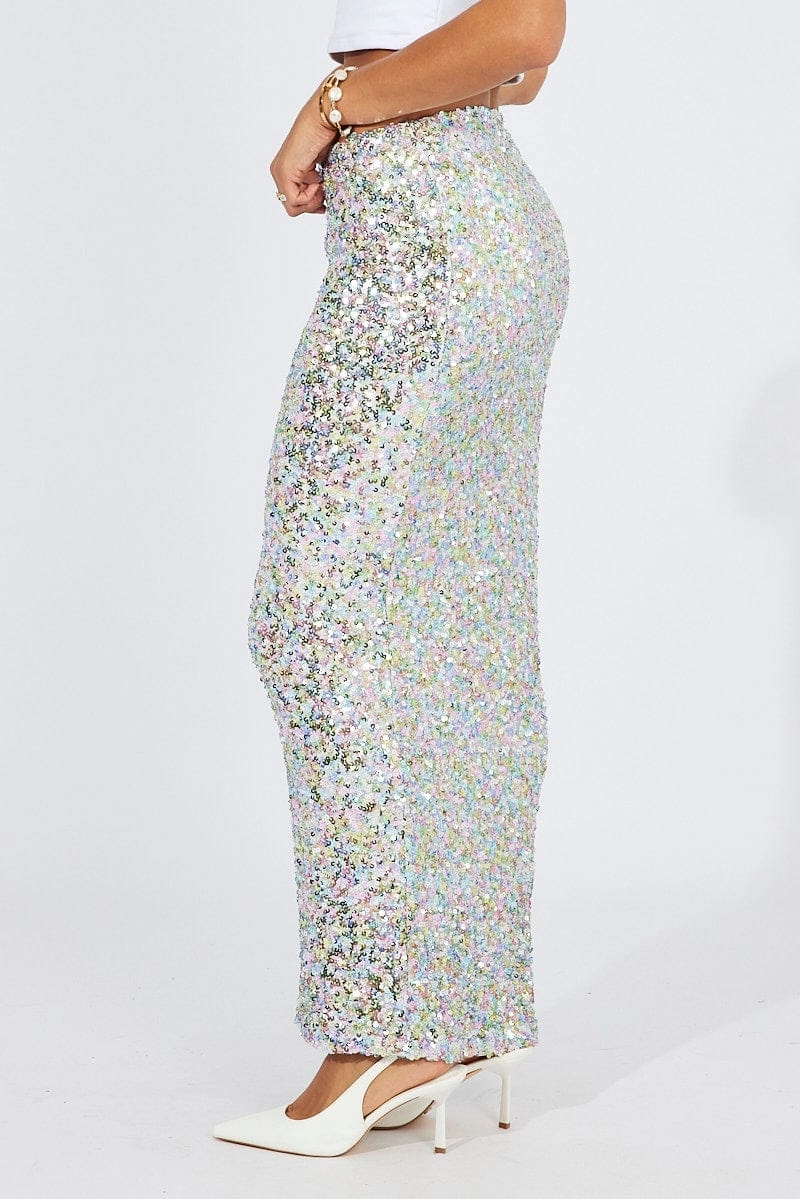 Silver Midi Skirt High Rise Metallic