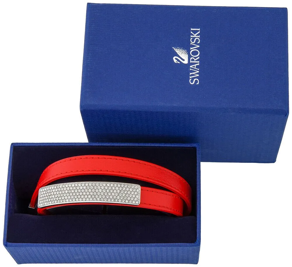Swarovski Vio Red Leather 5120644 Stainless Steel Plaque Clear Crystal Bracelet for Women