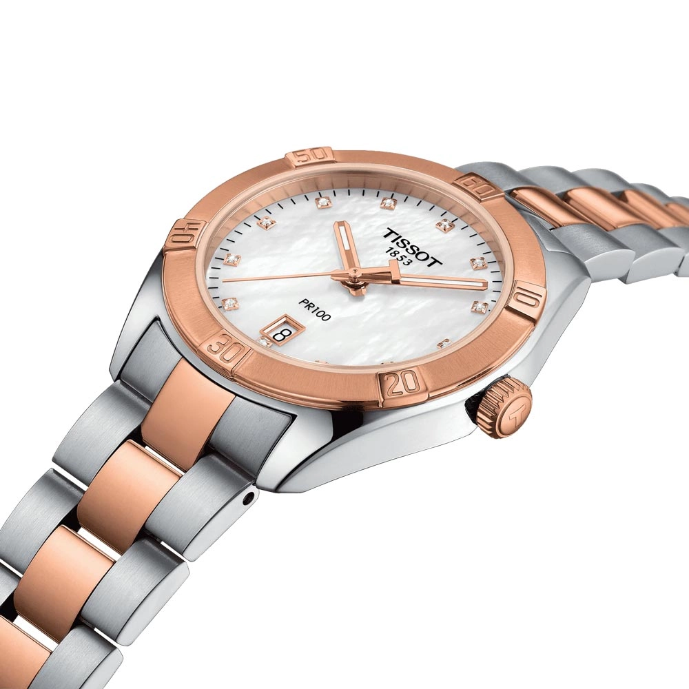 Tissot PR 100 Sport Chic 36mm MOP Diamond Dot Dial Rose Gold PVD Steel Ladies Quartz Watch T1019102211600