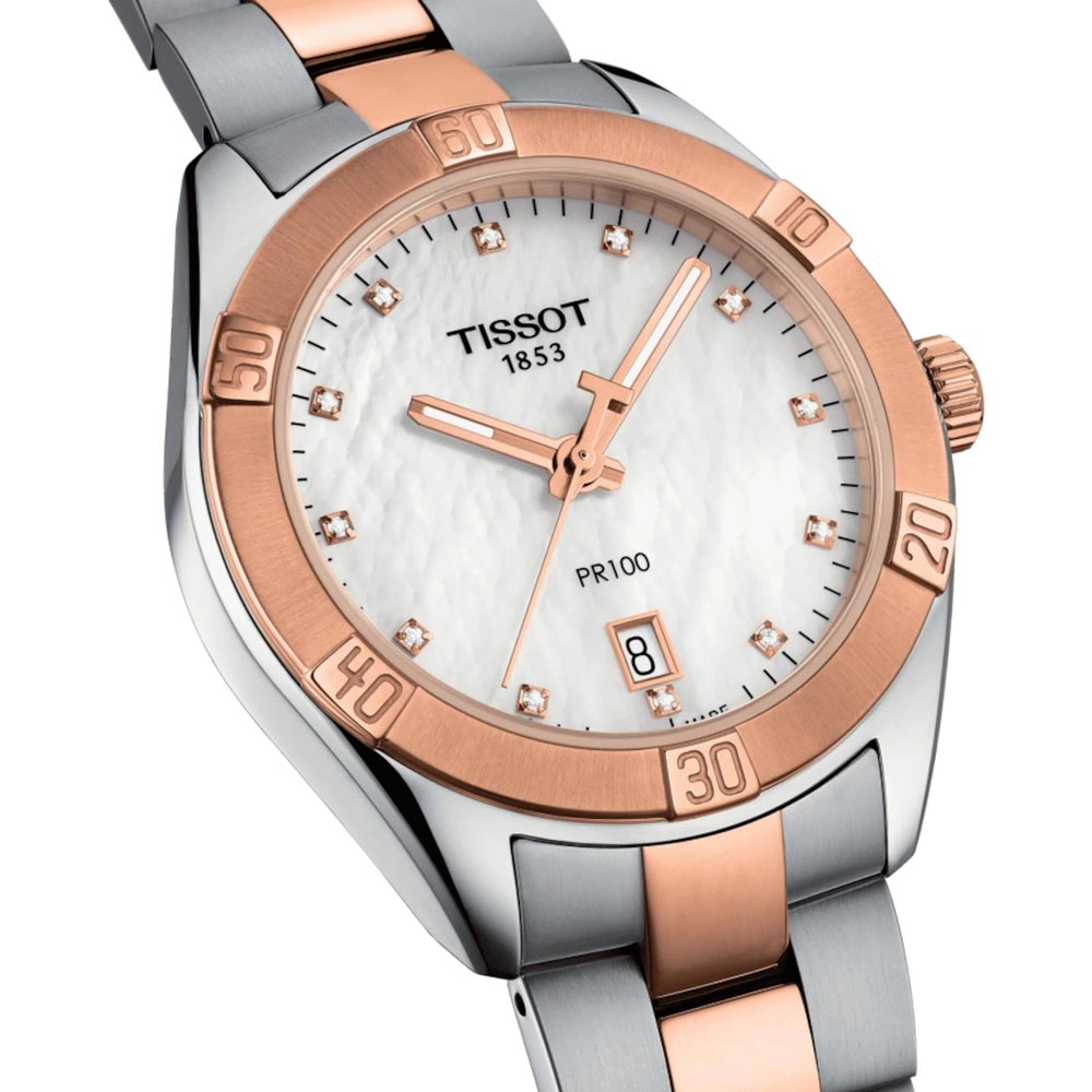 Tissot PR 100 Sport Chic 36mm MOP Diamond Dot Dial Rose Gold PVD Steel Ladies Quartz Watch T1019102211600