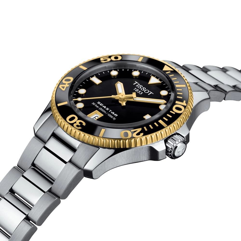 Tissot Seastar 1000 Black Dial 36mm Gold PVD Steel Quartz Watch T1202102105100