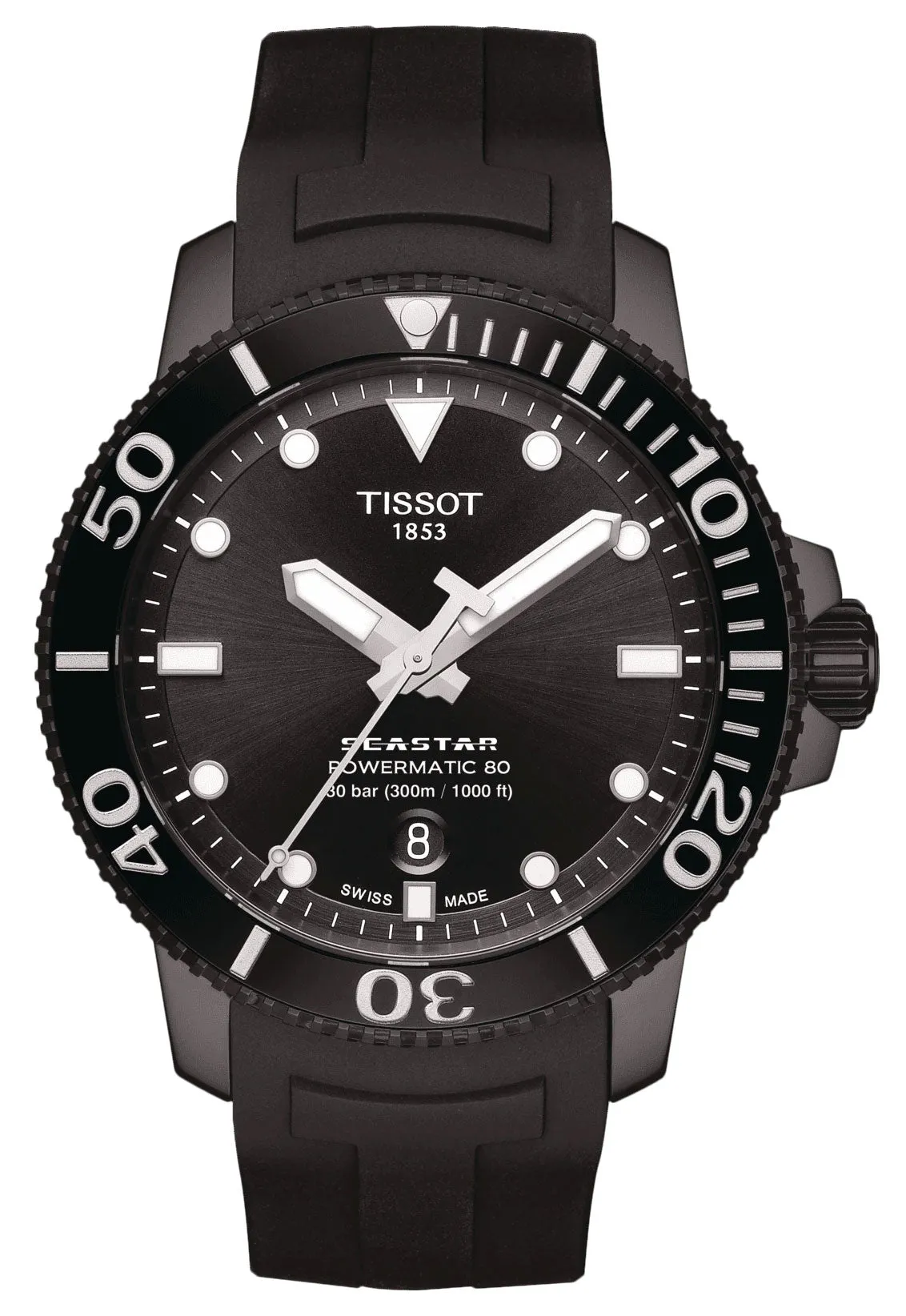 Tissot T-Sport Seastar 1000 Automatic Powermatic 80 Black PVD Black Dial Black Rubber Strap Date Divers Mens Watch T120.407.37.051.00