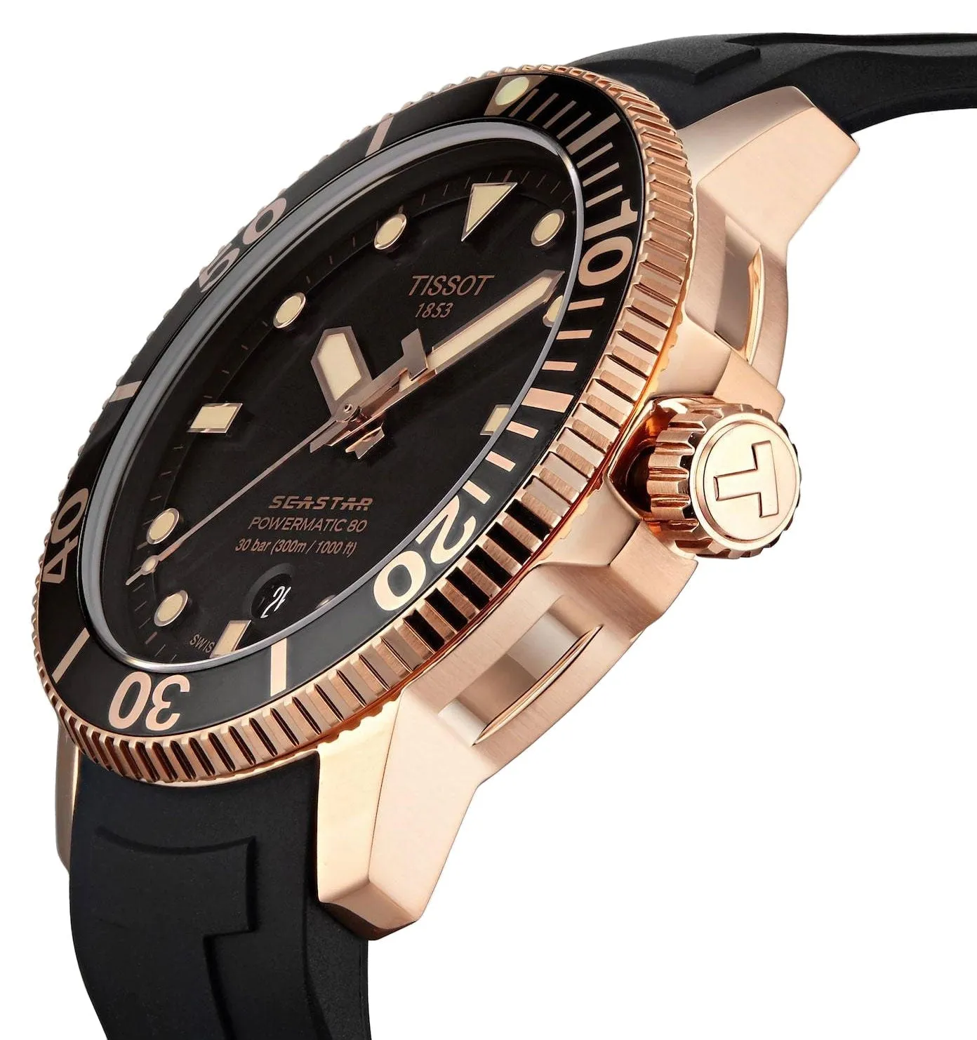 Tissot T-Sport Seastar 1000 Automatic Powermatic 80 Rose Gold PVD Black Dial Black Rubber Strap Date Divers Mens Watch T120.407.37.051.01