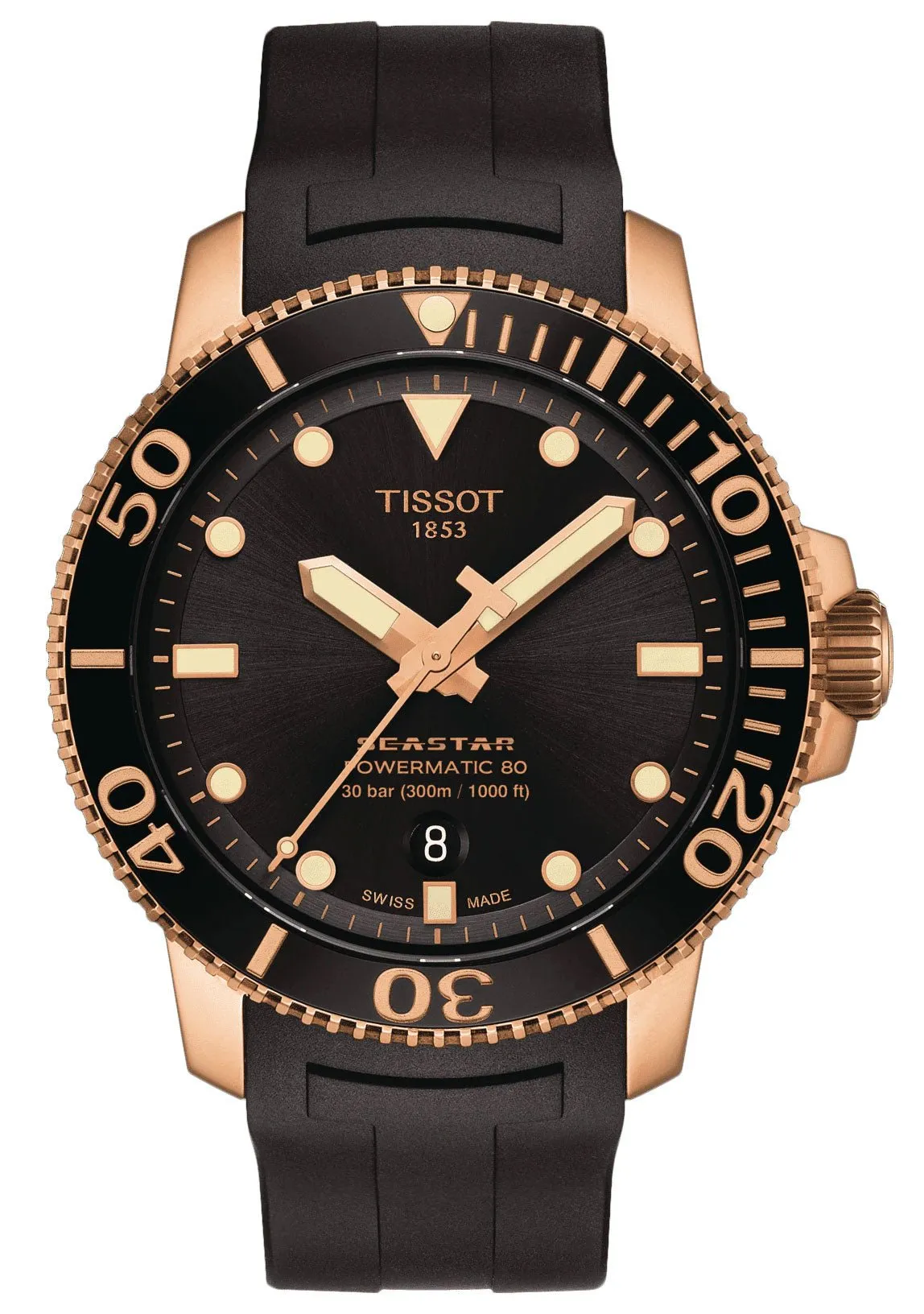 Tissot T-Sport Seastar 1000 Automatic Powermatic 80 Rose Gold PVD Black Dial Black Rubber Strap Date Divers Mens Watch T120.407.37.051.01