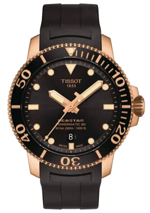 Tissot T-Sport Seastar 1000 Automatic Powermatic 80 Rose Gold PVD Black Dial Black Rubber Strap Date Divers Mens Watch T120.407.37.051.01