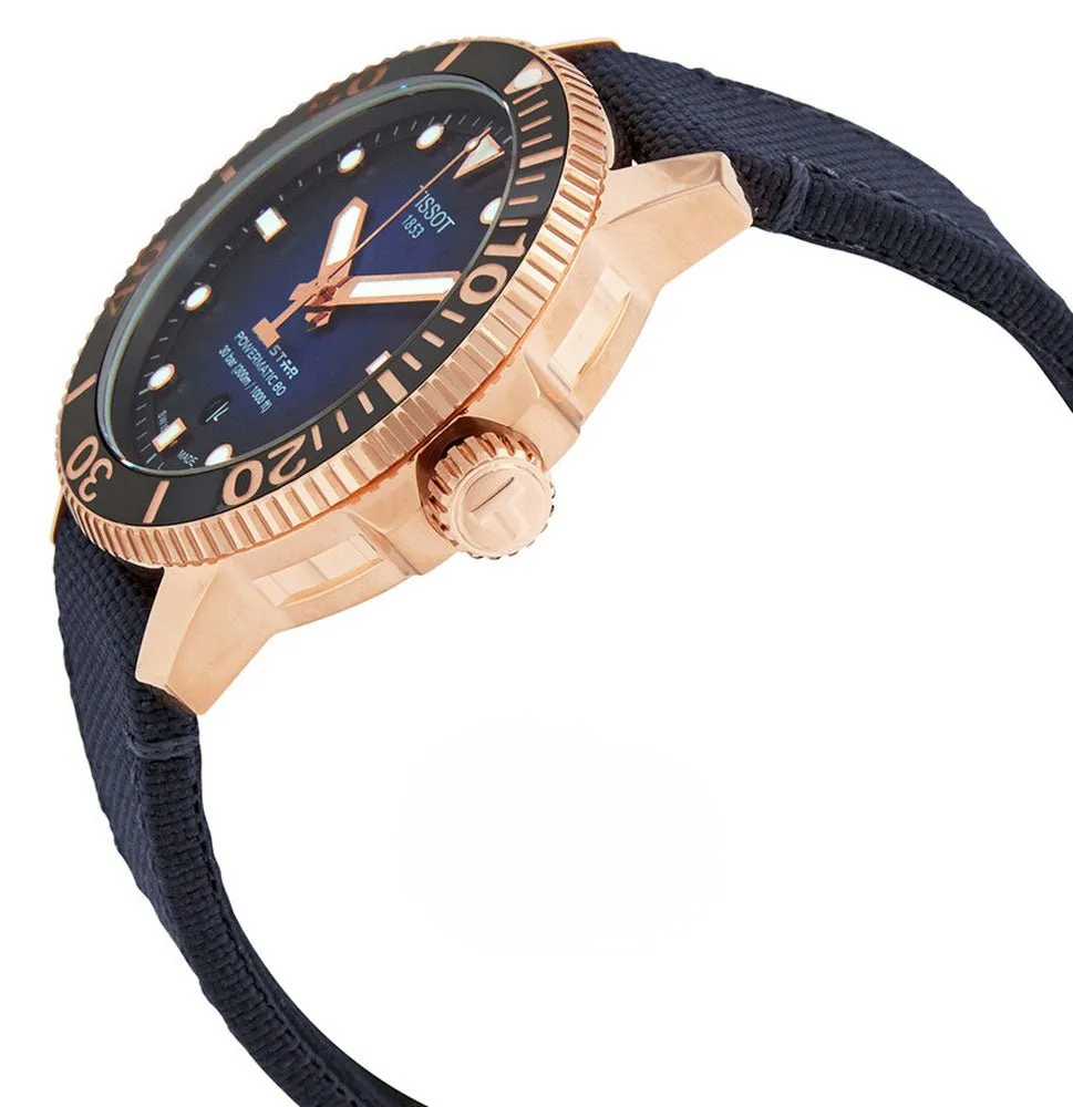 Tissot T-Sport Seastar 1000 Automatic Powermatic 80 Rose Gold PVD Blue Dial Blue Textile Strap Date Mens Watch T120.407.37.041.00