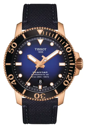 Tissot T-Sport Seastar 1000 Automatic Powermatic 80 Rose Gold PVD Blue Dial Blue Textile Strap Date Mens Watch T120.407.37.041.00