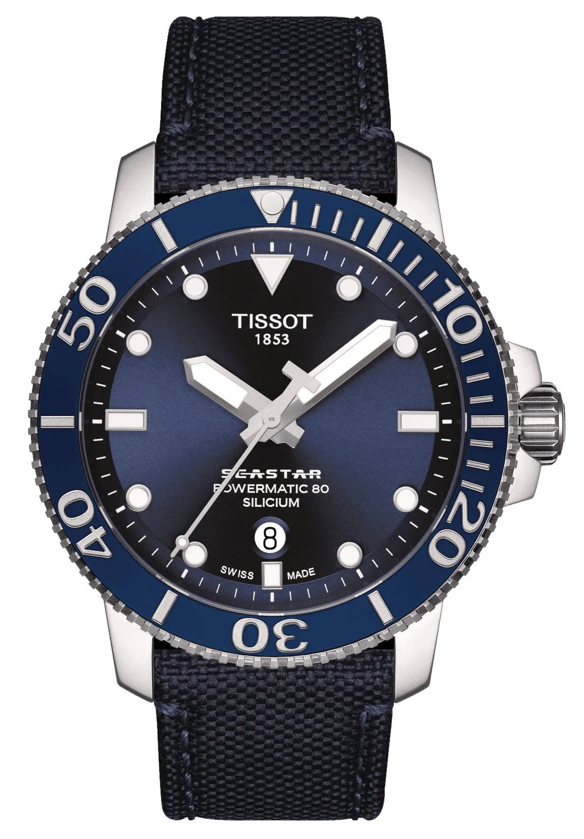 Tissot T-Sport Seastar 1000 Automatic Powermatic 80 Silicium Blue Dial Blue Textile Strap Date Mens Watch T120.407.17.041.01