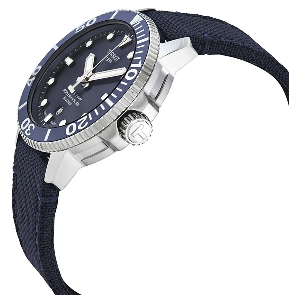 Tissot T-Sport Seastar 1000 Automatic Powermatic 80 Silicium Blue Dial Blue Textile Strap Date Mens Watch T120.407.17.041.01