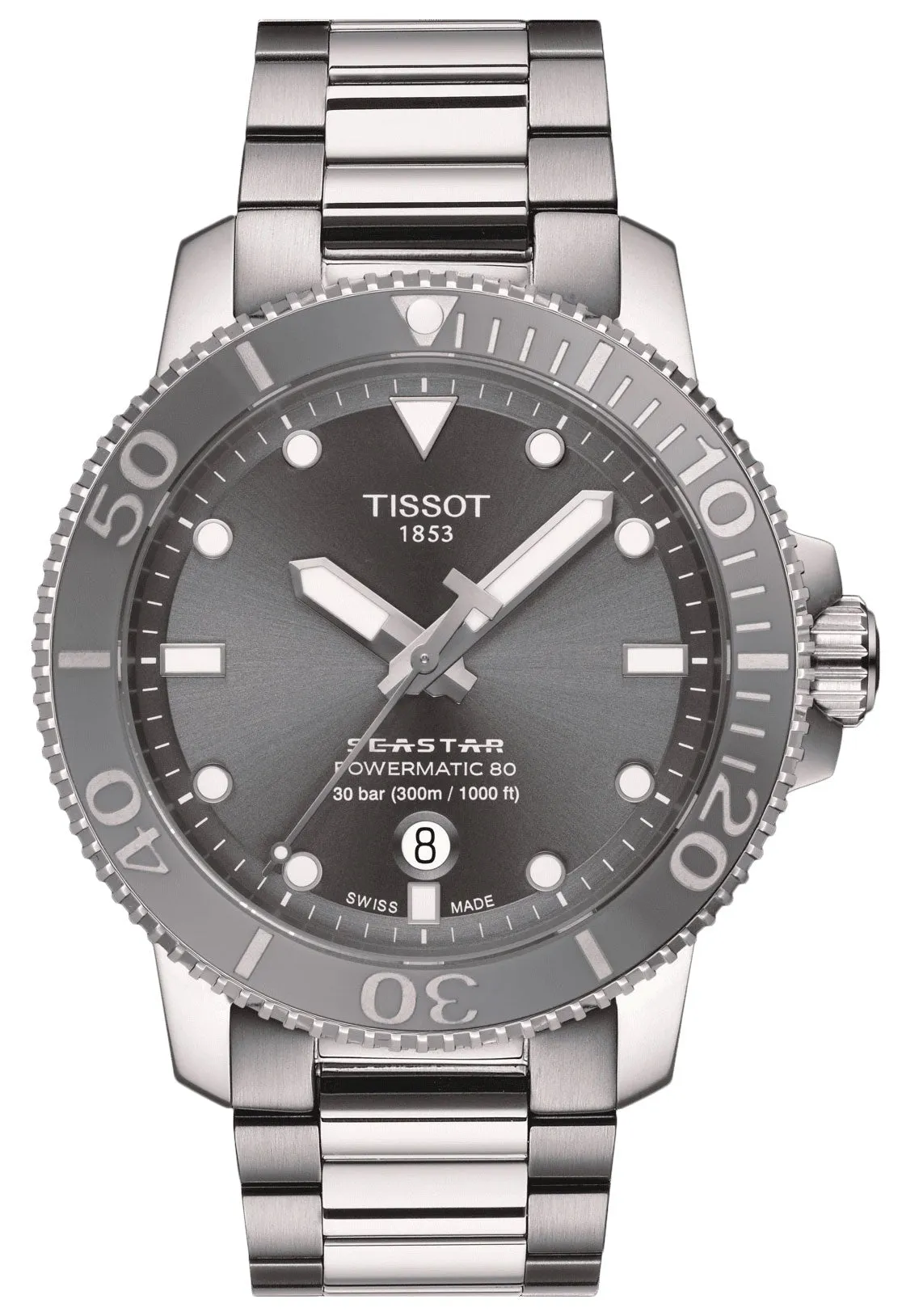 Tissot T-Sport Seastar 1000 Automatic Powermatic 80 Stainless Steel Gray Dial Date Divers Mens Watch T120.407.11.081.01