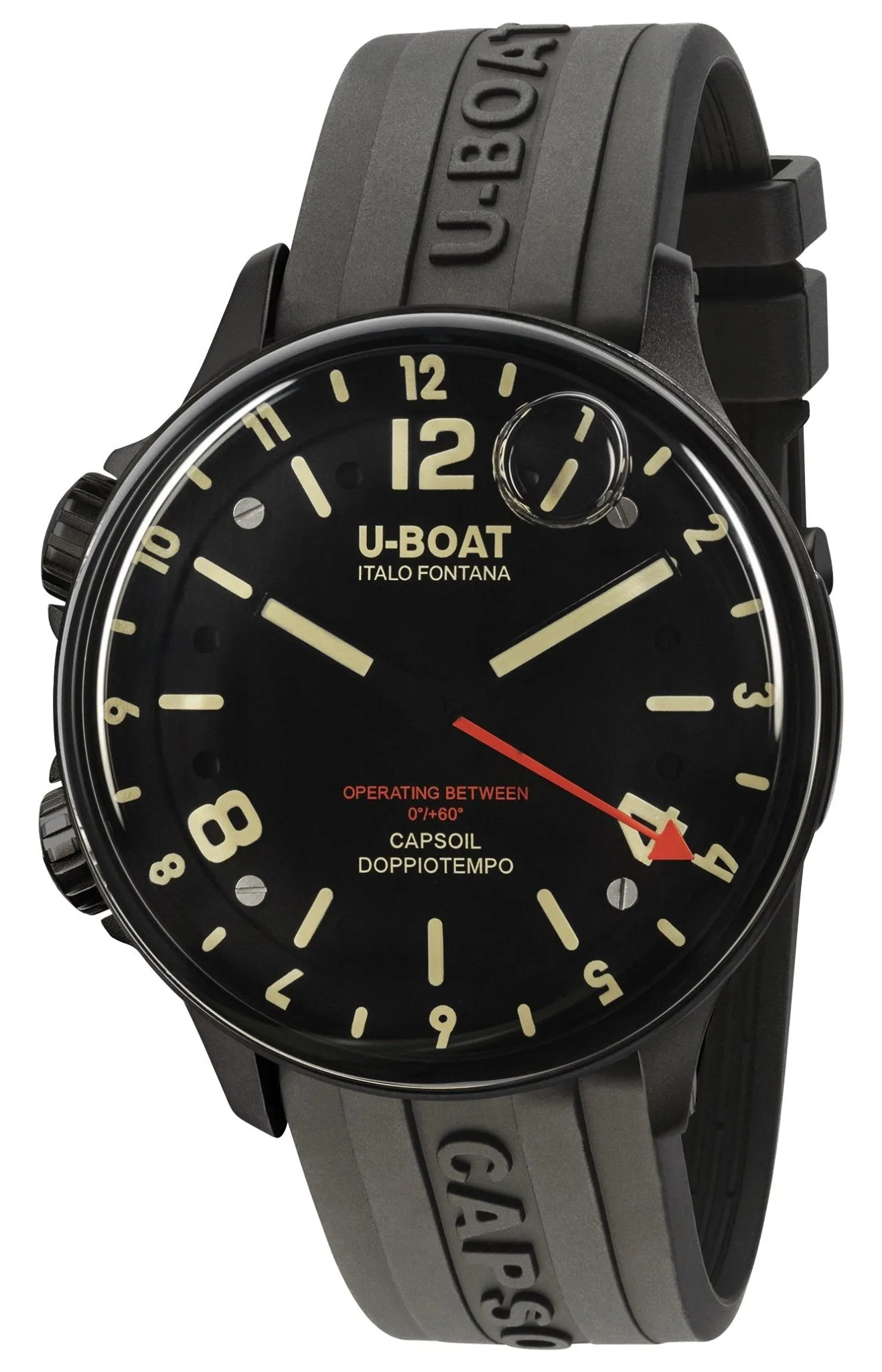 U-Boat Capsoil Doppiotempo Black DLC Steel Black Dial Black Rubber Strap Swiss Electro-mechanical Mens Watch 8770