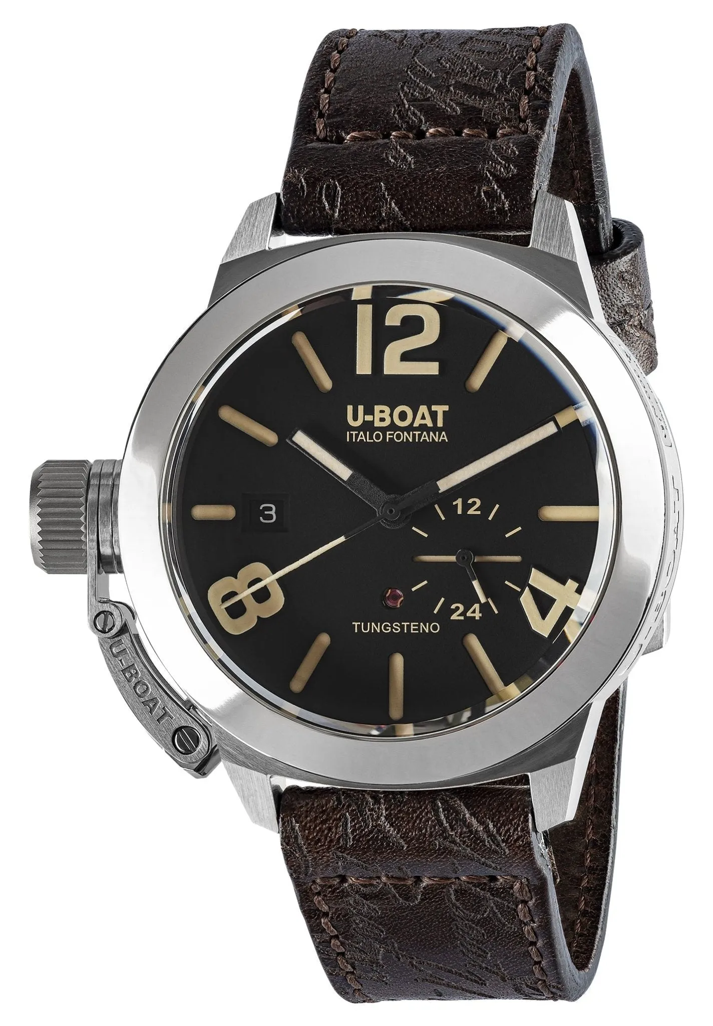 U-Boat Classico Tungsteno Automatic Stainless Steel Black Dial Brown Leather Strap Date Mens Watch 8893