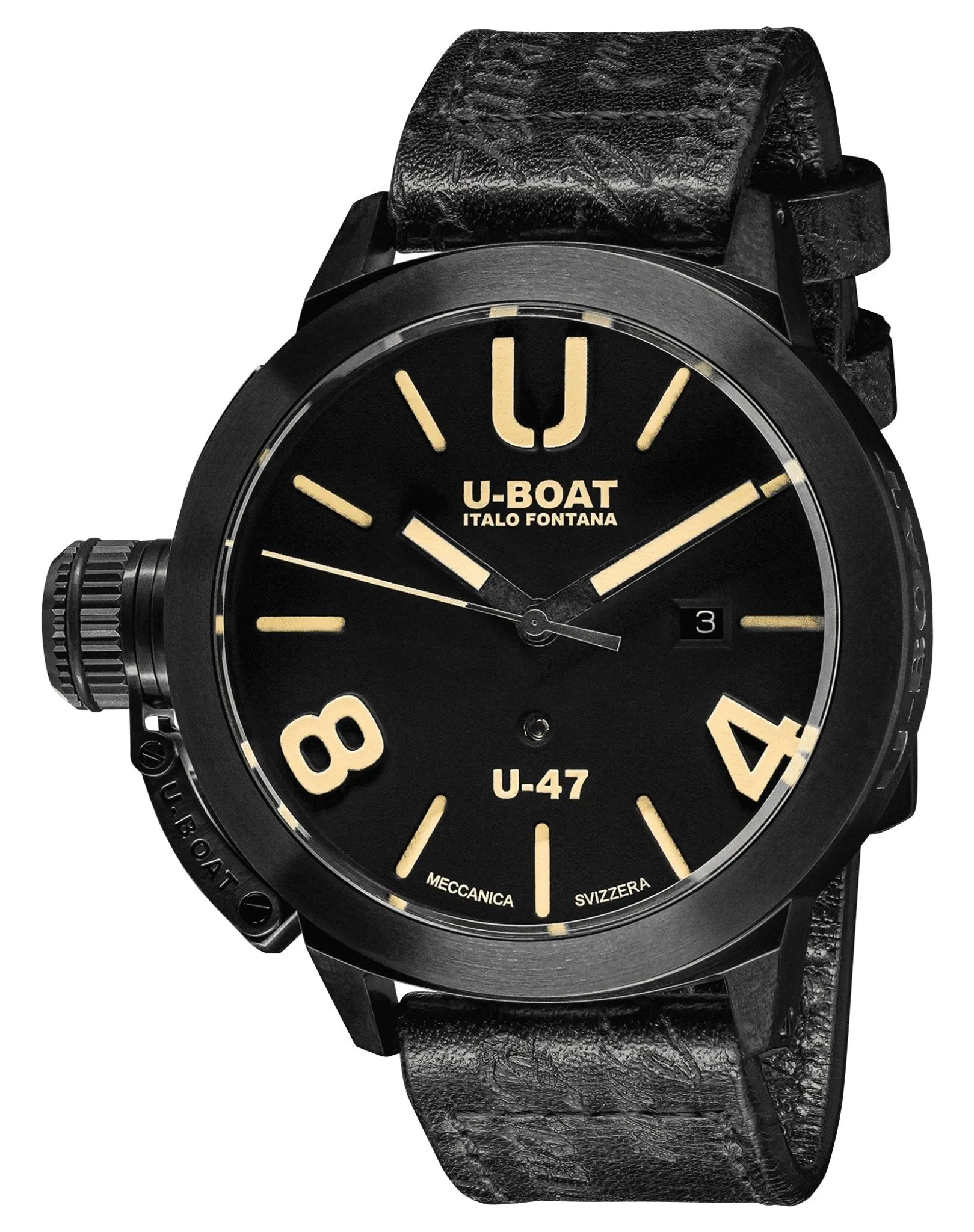 U-Boat Classico U-47 AB1 Automatic Black PVD Black Dial Black Leather Strap Date Mens Watch 9160