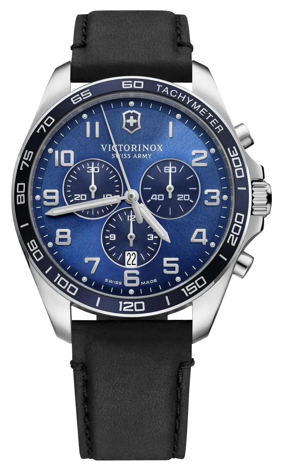 Victorinox Swiss Army Fieldforce Classic Chronograph Stainless Steel Blue Dial Black Leather Strap Date Quartz Mens Watch 241929
