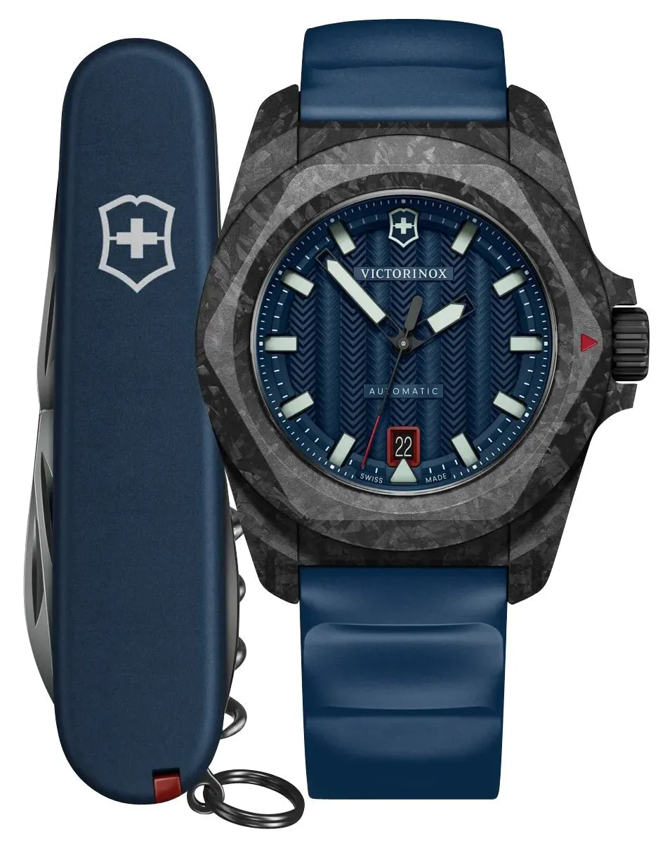 Victorinox Swiss Army I.N.O.X. Automatic Black Carbon Blue Dial Blue Rubber Strap Date Divers Mens Watch 242022.1