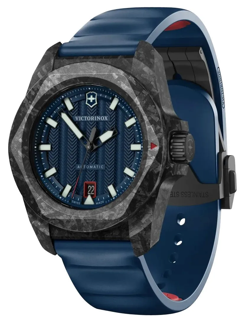 Victorinox Swiss Army I.N.O.X. Automatic Black Carbon Blue Dial Blue Rubber Strap Date Divers Mens Watch 242022.1