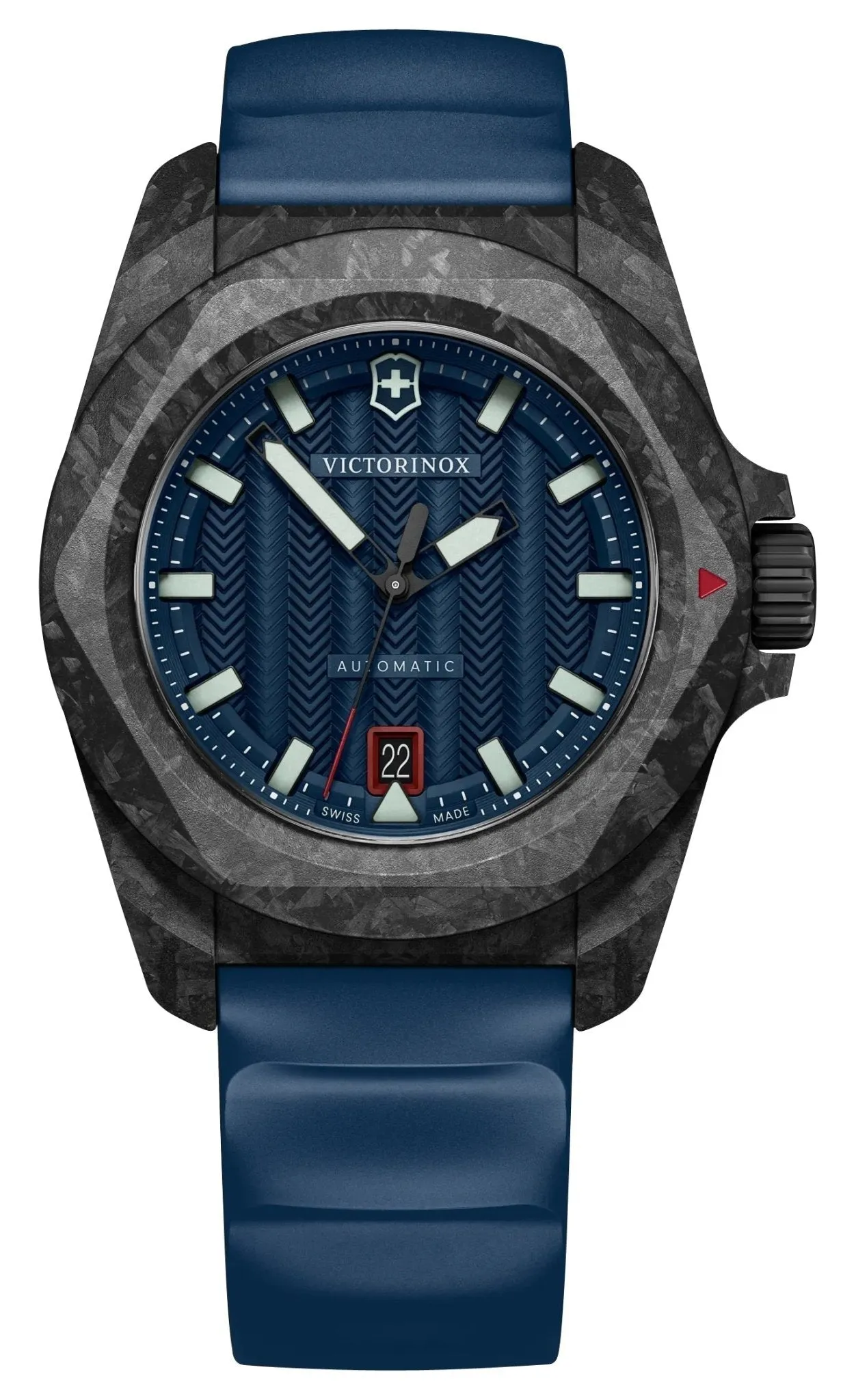 Victorinox Swiss Army I.N.O.X. Automatic Black Carbon Blue Dial Blue Rubber Strap Date Divers Mens Watch 242022.1