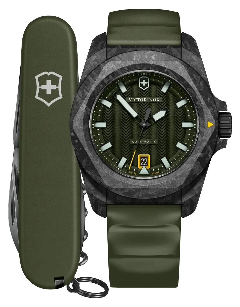 Victorinox Swiss Army I.N.O.X. Automatic Black Carbon Green Dial Green Rubber Strap Date Divers Mens Watch 242021.1