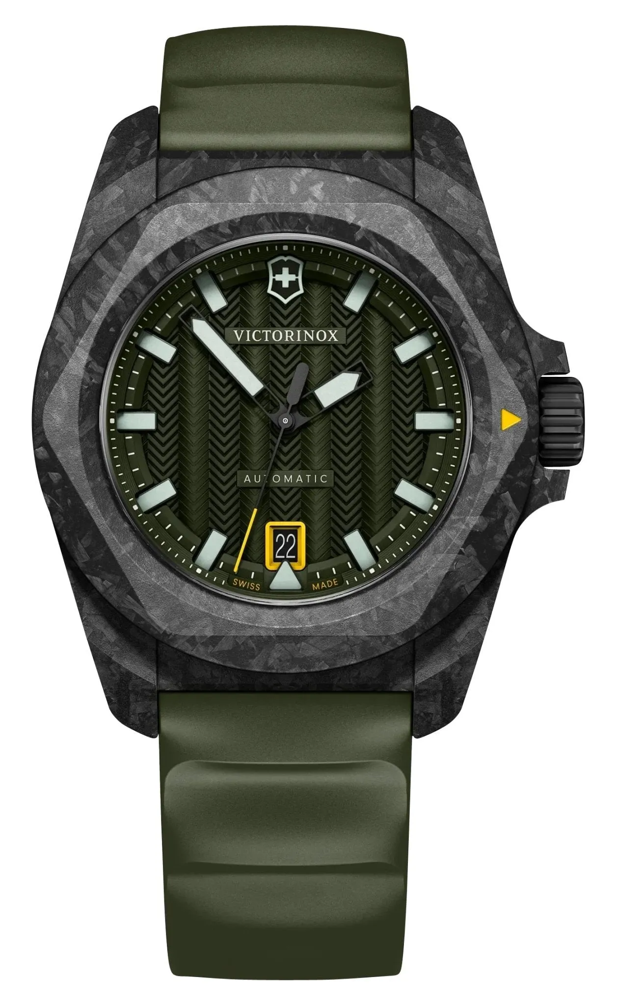 Victorinox Swiss Army I.N.O.X. Automatic Black Carbon Green Dial Green Rubber Strap Date Divers Mens Watch 242021.1