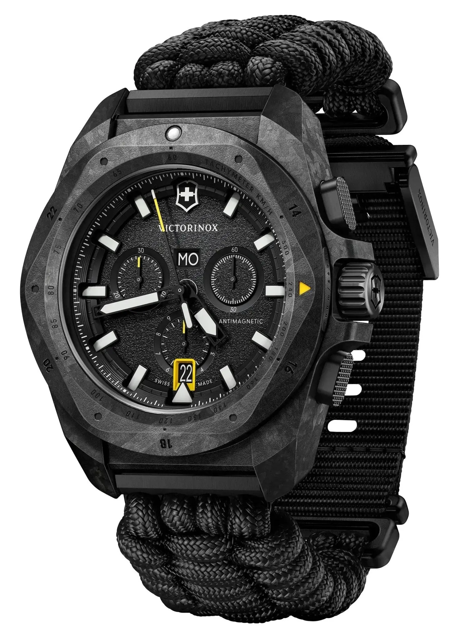 Victorinox Swiss Army I.N.O.X. Chronograph Black Carbon Black Dial Black Nylon Interchangeable Black Rubber Strap Day/Date Divers Quartz Mens Watch 241989.1
