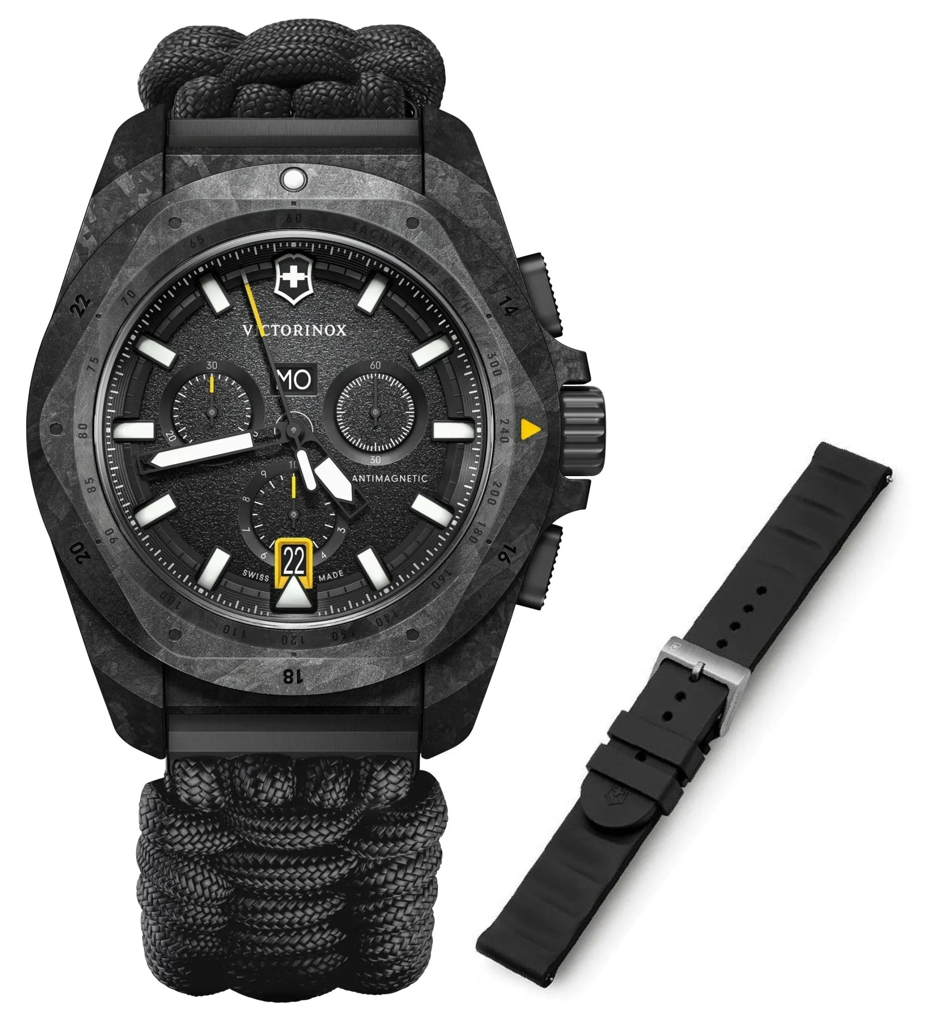 Victorinox Swiss Army I.N.O.X. Chronograph Black Carbon Black Dial Black Nylon Interchangeable Black Rubber Strap Day/Date Divers Quartz Mens Watch 241989.1