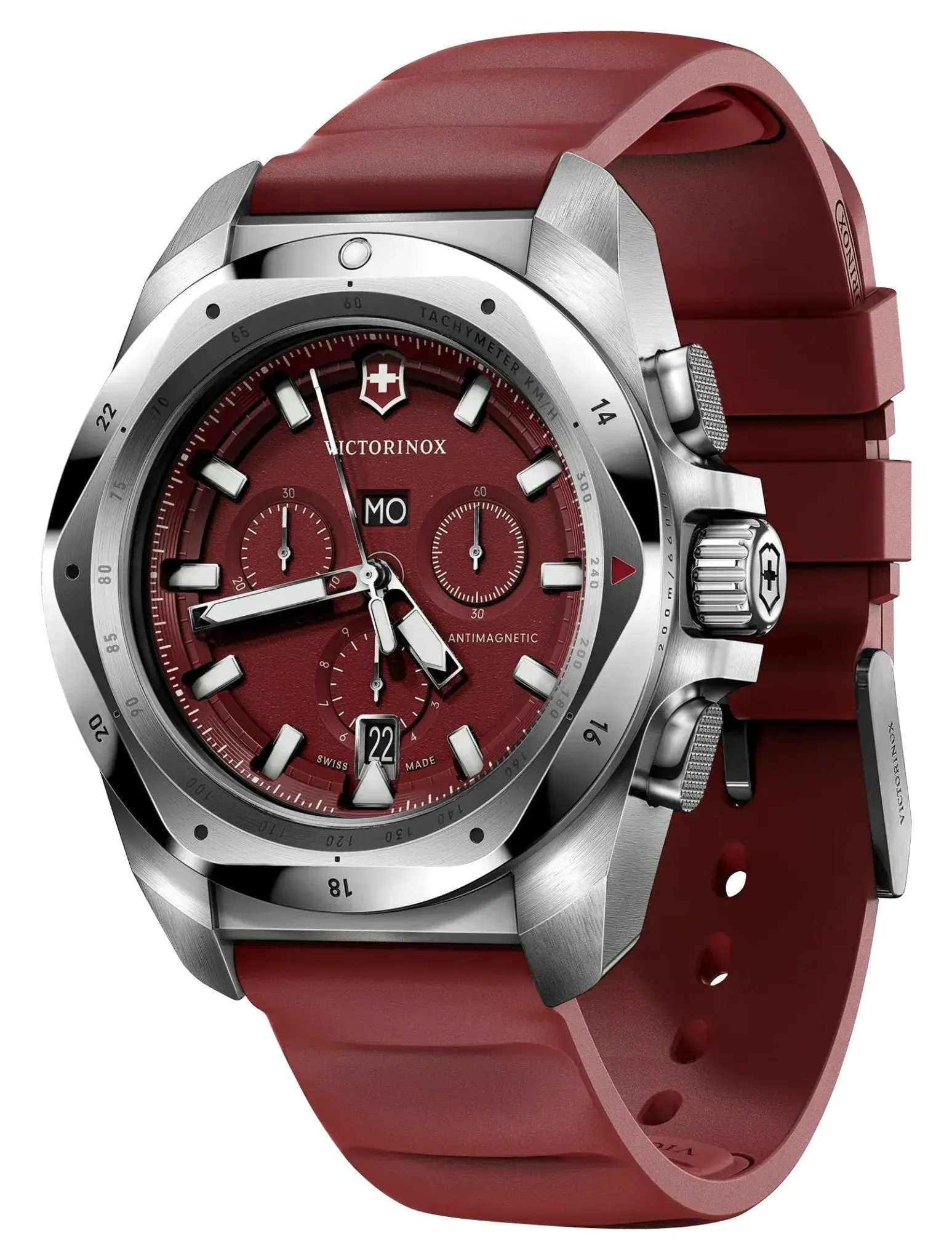 Victorinox Swiss Army I.N.O.X. Chronograph Stainless Steel Red Dial Red Rubber Strap Day/Date Divers Quartz Mens Watch 241986