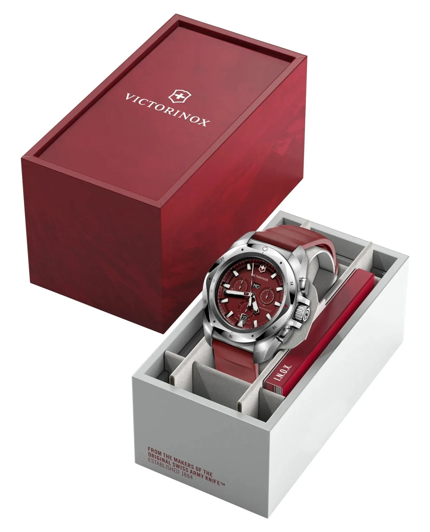 Victorinox Swiss Army I.N.O.X. Chronograph Stainless Steel Red Dial Red Rubber Strap Day/Date Divers Quartz Mens Watch 241986