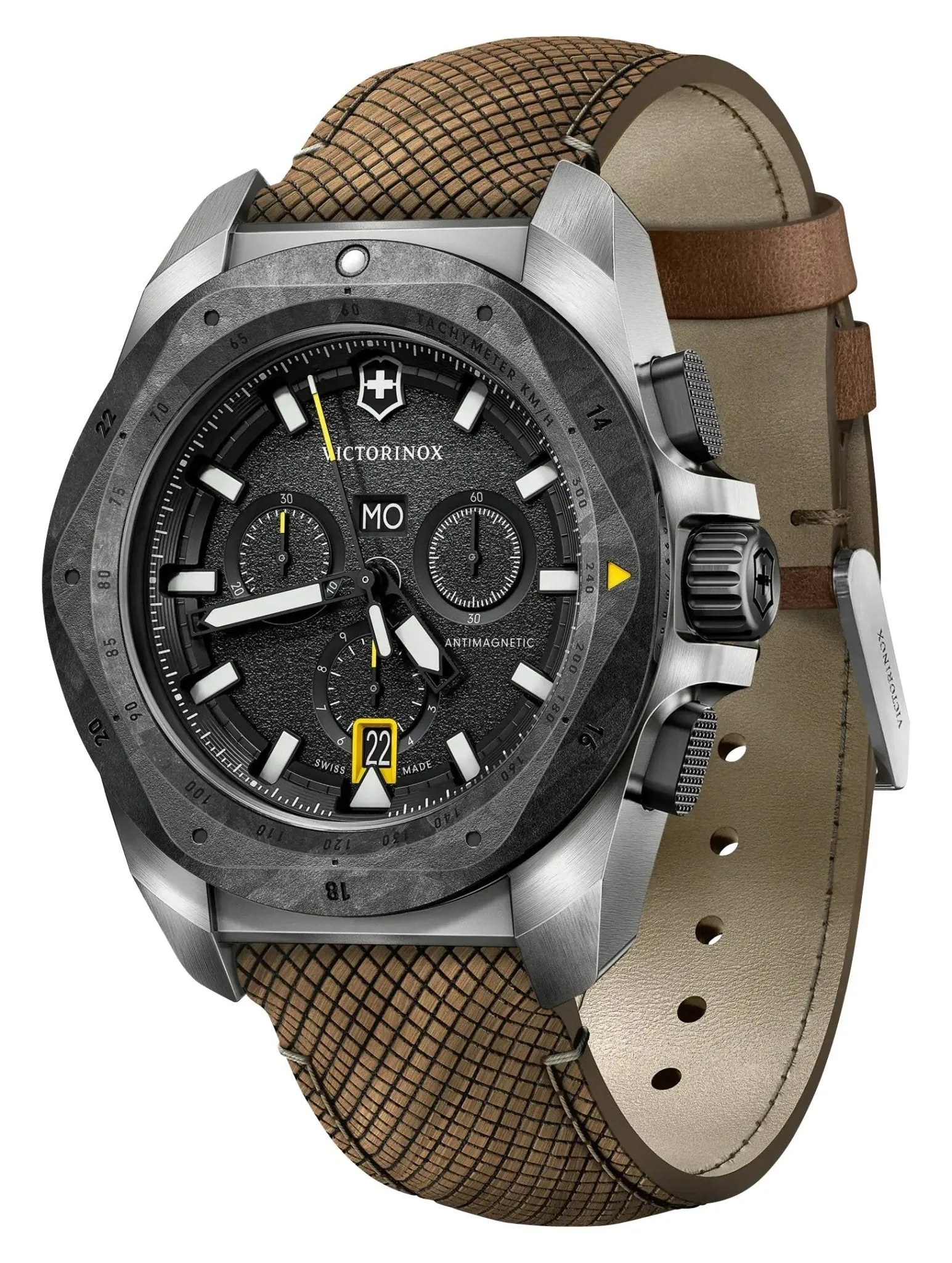 Victorinox Swiss Army I.N.O.X. Chronograph Titanium Black Dial Brown Leather Interchangeable Black Rubber Strap Day/Date Divers Quartz Mens Watch 241988.1