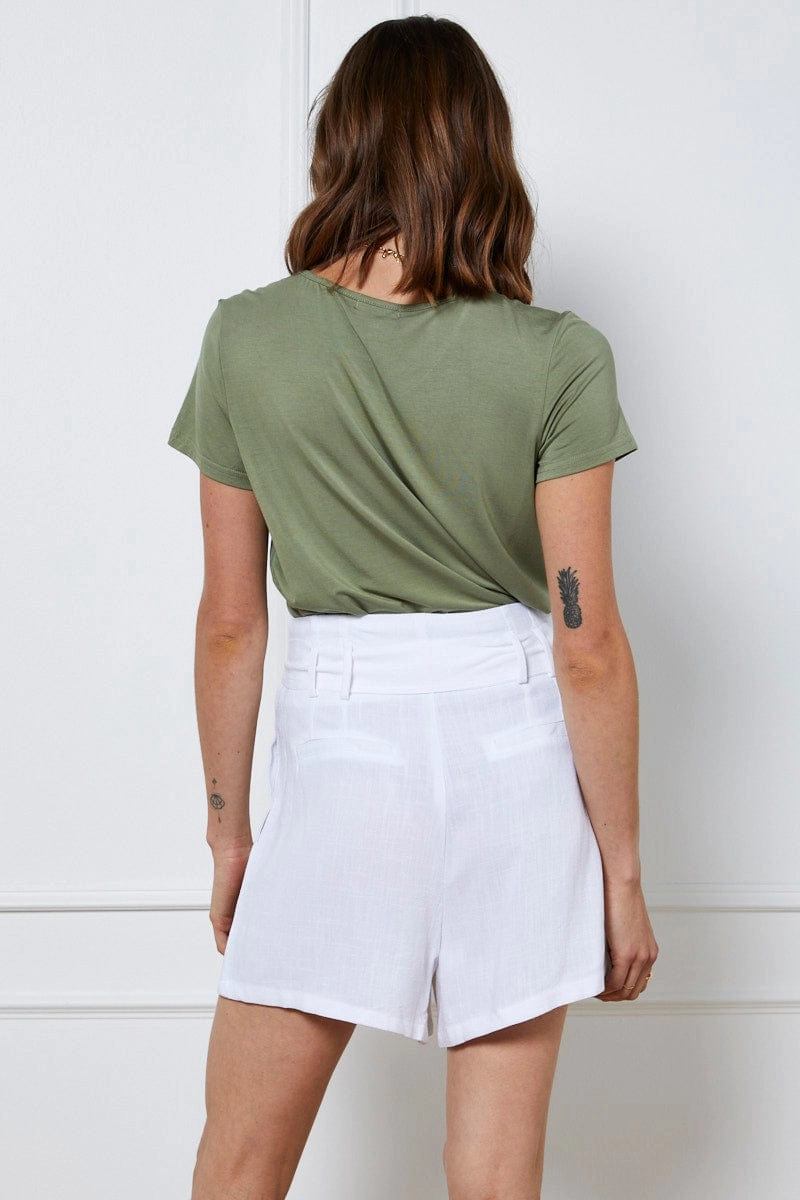 White Belted Shorts High Waist Linen