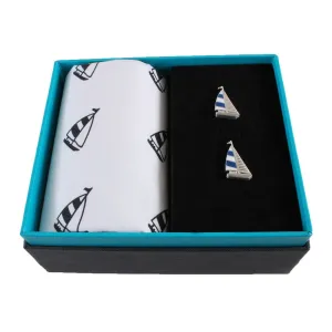 Yacht Handkerchief and Rhodium Plated Mens Cufflinks Set HS-07